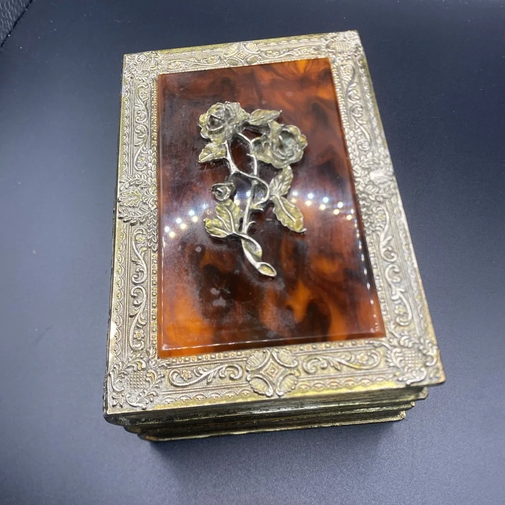 Vintage Linden Brass Plated Rose Jewelry Box Gold‎ Tone 3 Stacked Book Shaped